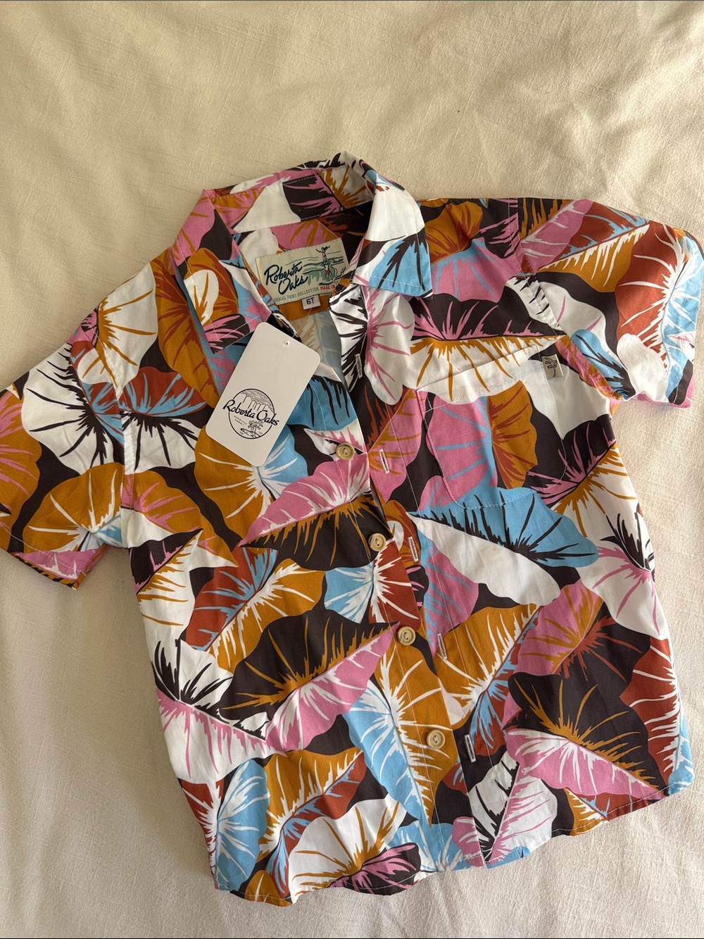 ROBERTA OAKS- Original Print Hawaiian Shirt Camoleaf Pink NWT 6T